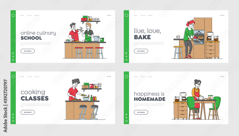 Characters Cooking Landing Page Template Set. Senior Woman Kneading Dough, Couple Prepare on Kitchen, People Cook Food