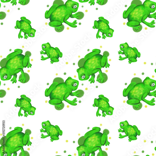 Seamless pattern element illustration of a green sitting frog with yellow spots with colored spots in cartoon style on a white background  animals  amphibians  for postcards  packaging  decor  design