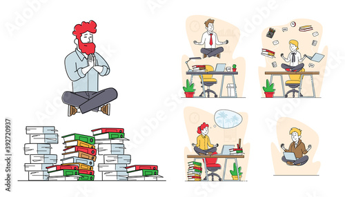 Set of Business People Characters Yoga Meditation Soaring in Air, Male and Female Office Workers Meditating at Workplace
