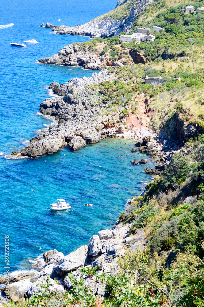 The rocky coast line of the Zingaro natural reserve in Sicily, Italy