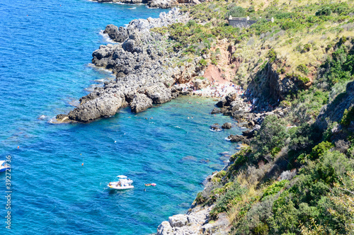 The rocky coast line of the Zingaro natural reserve in Sicily, Italy