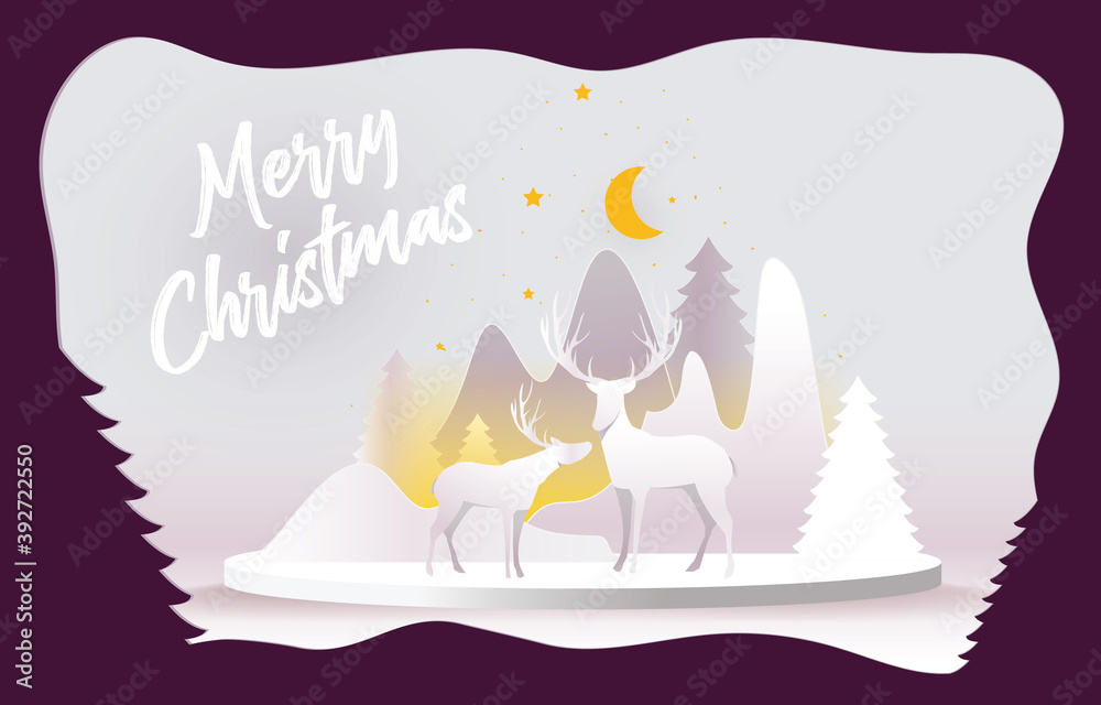 Christmas card paper art concept, Santa claus and reindeer on abstract background with gift, snow, star, Christmas tree, design for web banner, poster, Christmas invitation card and new year festival.