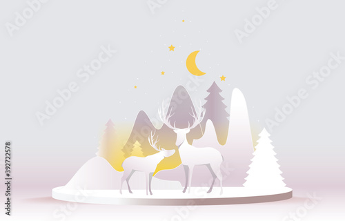 Christmas card paper art concept, Santa claus and reindeer on abstract background with gift, snow, star, Christmas tree, design for web banner, poster, Christmas invitation card and new year festival.