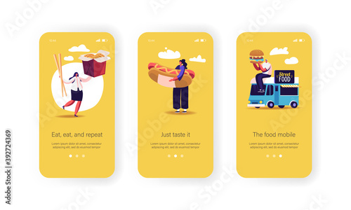 People Eating Junk Meals from Food Truck Mobile App Page Onboard Screen Template. Tiny People with Huge Burger, Hot Dog