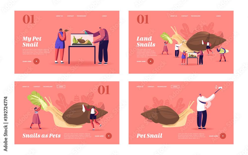 People and Mollusk Pet Hobby, Fauna Creature Landing Page Template Set. Tiny Characters Care of Huge Achatina Snail