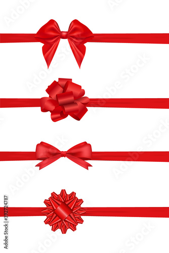 Set of Realistic Red bow with horizontal and vertical ribbon shiny satin for decoration gifts, greetings, holidays. Christmas ribbon.Stock vector illustration isolated on white background.