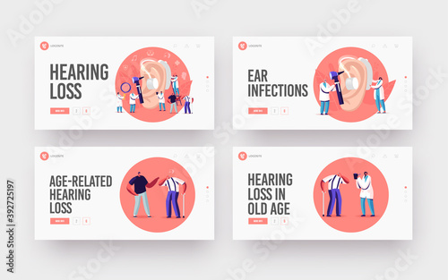 Hearing Loss, Deafness Landing Page Template Set. Deaf People with Hear Problem Visit Doctor Audiologist Treatment