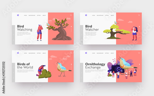 Ornithology Landing Page Template Set. Ornithologists Characters Use Binoculars, Camera and Equipment for Watching Birds