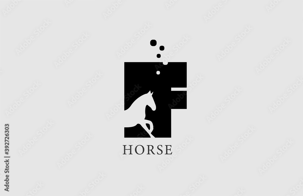 F horse alphabet letter logo icon with stallion shape inside. Creative design in black and white for business and company