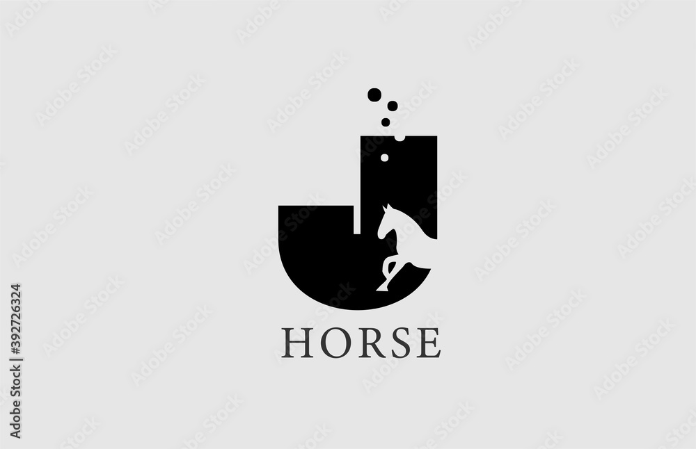 J horse alphabet letter logo icon with stallion shape inside. Creative design in black and white for business and company J horse alphabet letter logo icon with stallion shape inside. Creative design in black and white for business and company