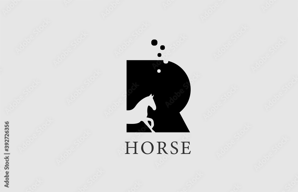 R horse alphabet letter logo icon with stallion shape inside. Creative design in black and white for business and company