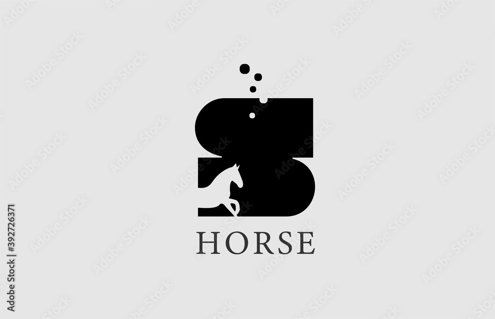 S horse alphabet letter logo icon with stallion shape inside. Creative design in black and white for business and company