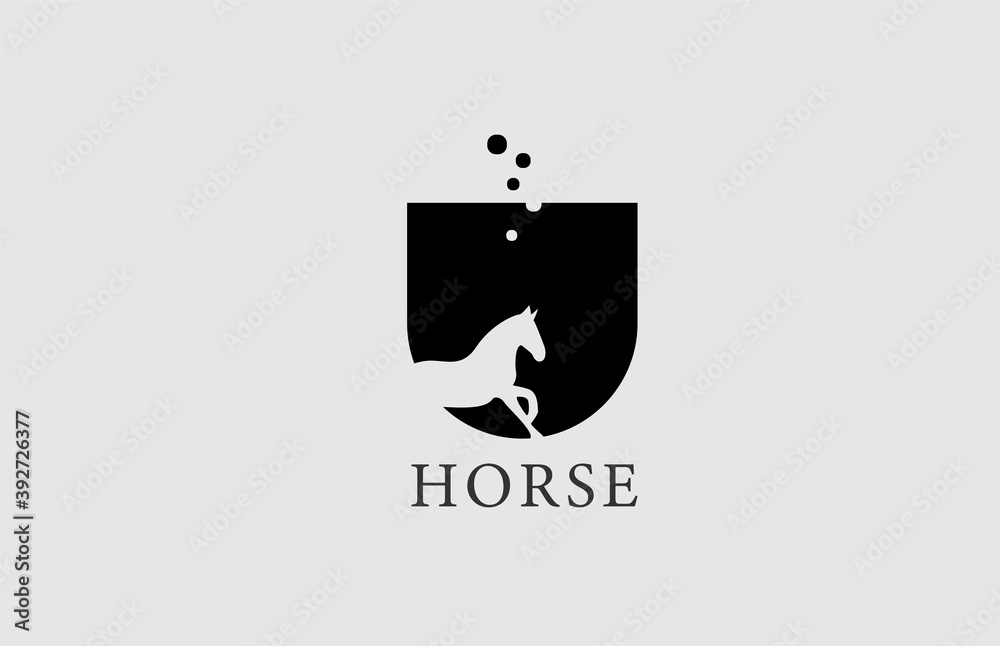 U horse alphabet letter logo icon with stallion shape inside. Creative design in black and white for business and company U horse alphabet letter logo icon with stallion shape inside. Creative design in black and white for business and company