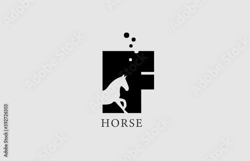 F horse alphabet letter logo icon with stallion shape inside. Creative design in black and white for business and company