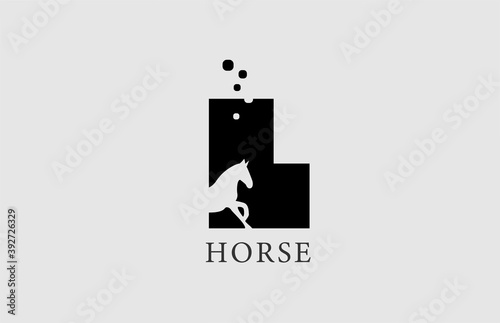 L horse alphabet letter logo icon with stallion shape inside. Creative design in black and white for business and company