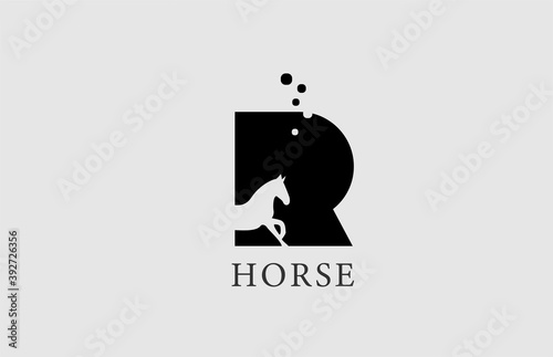 R horse alphabet letter logo icon with stallion shape inside. Creative design in black and white for business and company