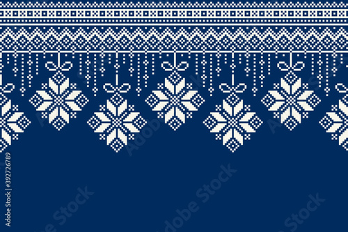 Winter Holiday Pixel Pattern. Garland of Christmas Tree Balls Ornament. Christmas and New Year Vector Seamless Background with a Place for Logo and Text. Scheme for Knitted Sweater Pattern Design.