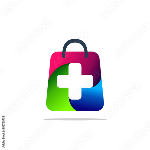 shopping bag logo with first aid symbol, medical equipment store logo