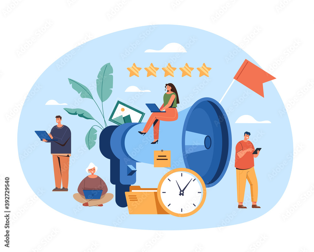 Obraz premium Marketing announcements loud speaker concept. Vector flat cartoon graphic design illustration