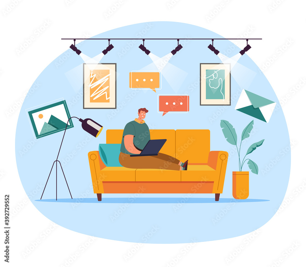 Man worker student laying on sofa and working at computer concept. Vector flat cartoon graphic design illustration