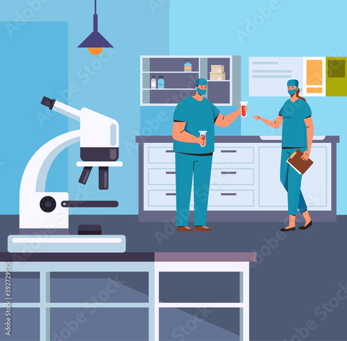 Laboratory workers chemists scientist doctors working and researching. Vector flat cartoon graphic design illustration