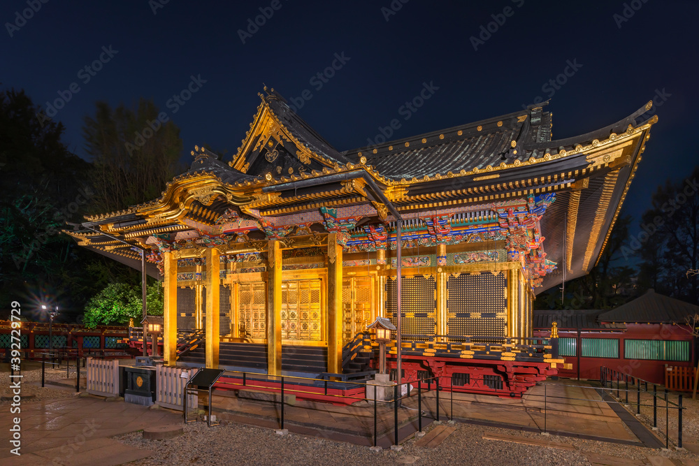 Night view of the golden Ueno Tōshō-gū temple covered of gold foils dedicated to Tokugawa Shoguns classed as Important cultural property in Ueno Park.
