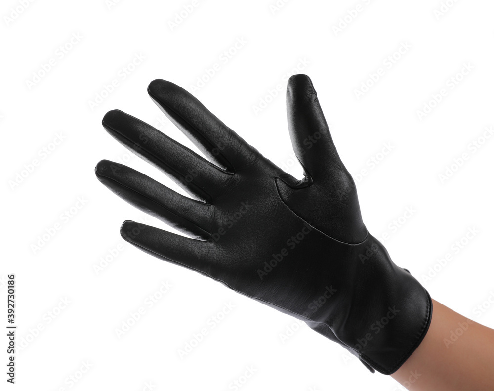 Woman wearing black leather glove on white background, closeup Woman wearing black leather glove on white background, closeup