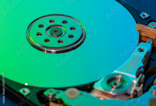 Konstfotografi Macro photography  of hard drive internal mechanism hardware selective focus, in