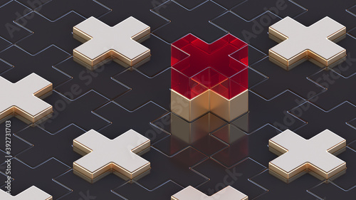 Abstract 3D render. Red, gold and dark medical cross or x or plus. Symbols or signs. Modern pattern illustration. Background wallpaper. Health care poster or banner design. Isometric composition.