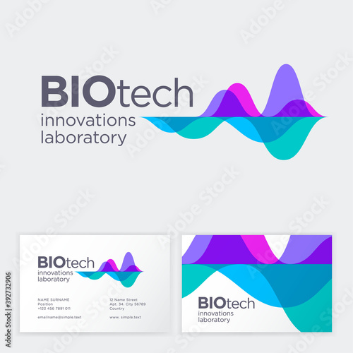 Biotech logo. Abstract round shapes like molecules or gene. Blue cells on a white background. Business card.