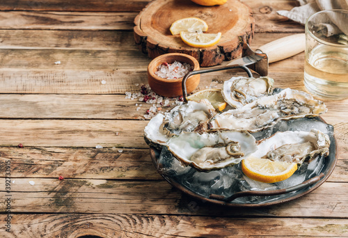 Fresh oysters with ice and lemon on a rustic wooden background.