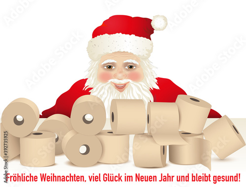 Weihnachtsmann mit viele Toilettenpapier-Rollen als Geschenke vor sich, 
Mit Weihnachts- u. Neujahrs-Gruß und „Bleibt gesund“
Vektor Illustration isoliert auf weißem Hintergrund
