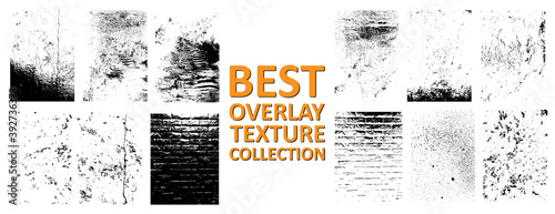 Overlays collection grunge, dirty grainy stamp, scratches and damage marks. Different paint textures, urban cracked walls, splay effect and drop ink splashes and other. Vector overlays effect