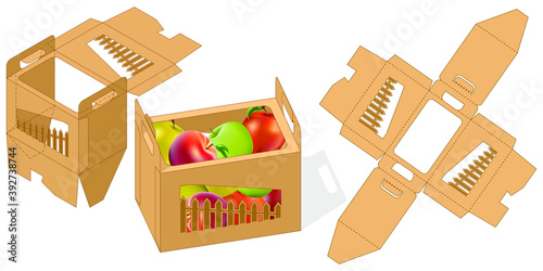 Fruit and vegetable box, die cut template, 3D preview Carry On Protective design, stamping layout template, convenient cardboard trays, packaging, practical vector image on transparent background