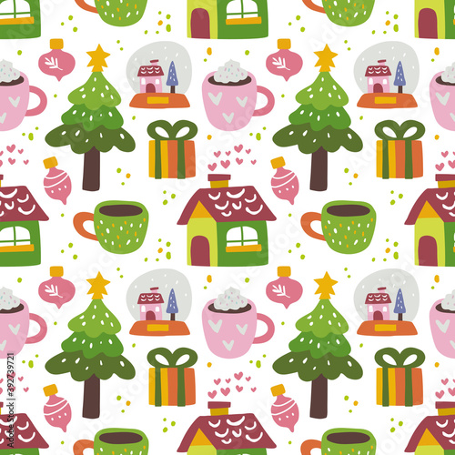 kawaii cute Christmas seamless pattern in scandinavian style. Can use for fabric etc