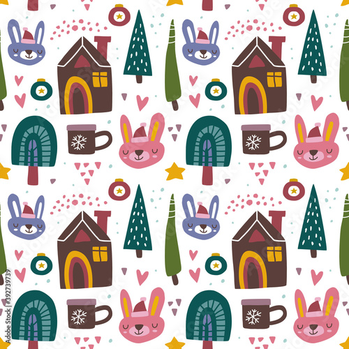 kawaii cute Christmas seamless pattern in scandinavian style. Can use for fabric etc