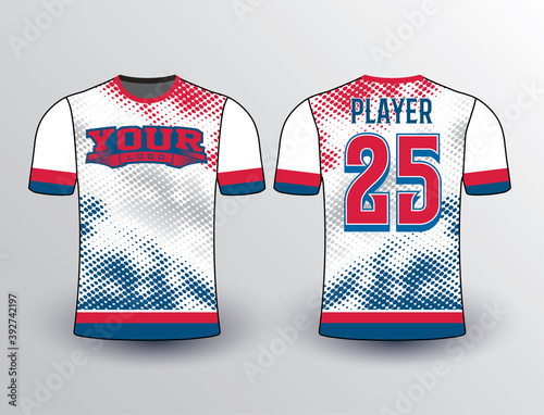 White base with red and blue combination filled with halftone pattern look softball baseball esports jersey mockup