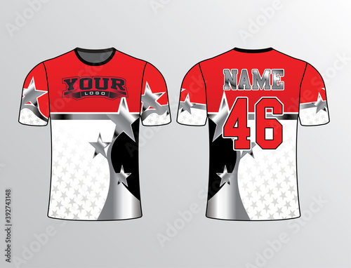 Metallic filled design with colors red white and black combination. Stars ghosted wrapping on front and back team jersey template