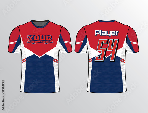 Red and blue design shirt filled with the heather pattern on the sides perfect for sports team jersey