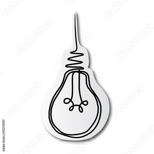 black line hand drawn of light bulb on cut paper with shadow isolated on white background