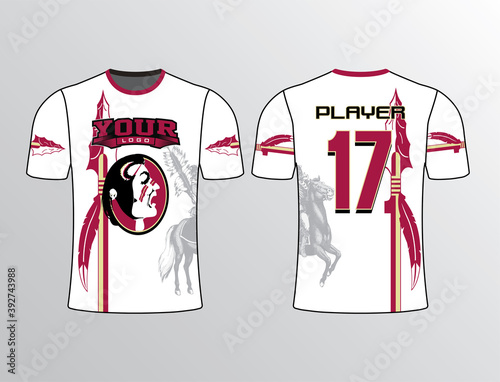 Red Indian spear with warrior ghosted in the background white red color jersey template
