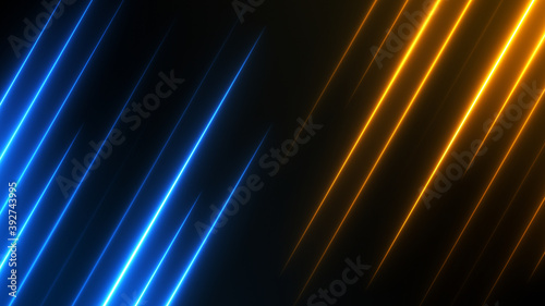 Technology background with neon lights. Colorful texture for battle announcement. Match split screen concept. Blue and orange rays for competition template.