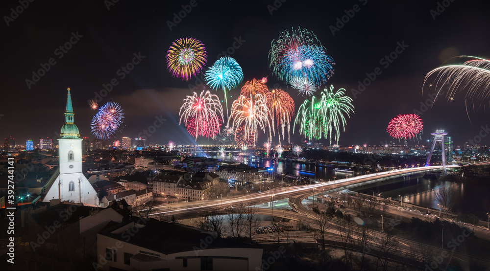 New Year Celebration. Fireworks on Danube River in Bratislava, Slovakia.