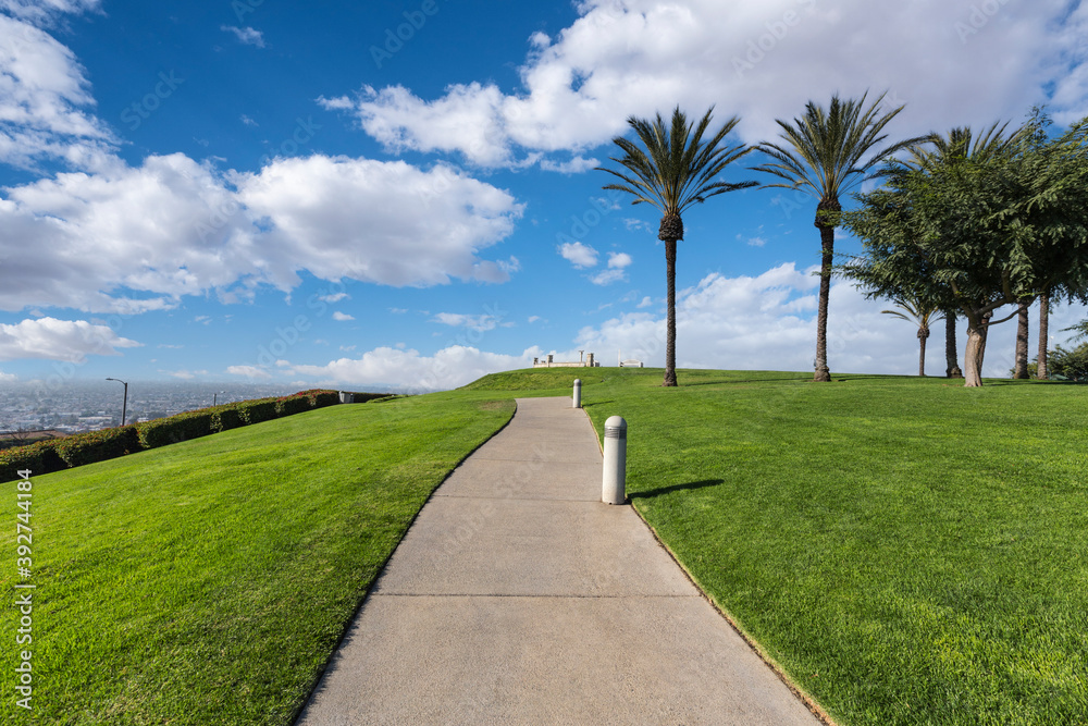 Palm trees and city views with cloudy sky at Signal Hill Hilltop Park in Long Beach California.  