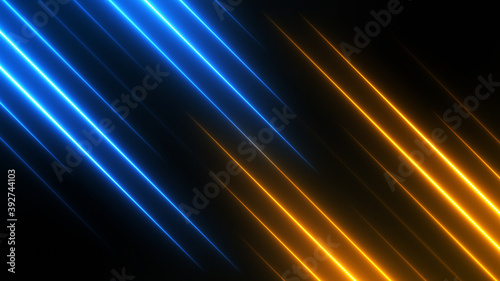 Abstract technology background with blue and golden neon rays. Bright split screen texture for compare concept. photo