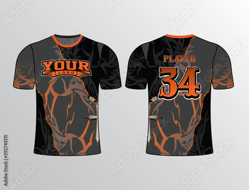 Tribal design filled body background wrap in black and charcoal colors and touch of orange perfect for all sports team gear wear