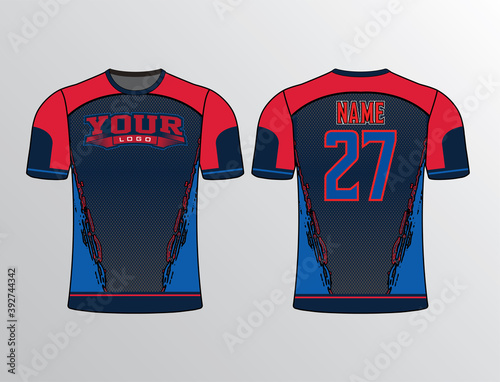 Combination of black blue and red with a touch of white and a unique design pattern all over the body with cracky sides make this shirt special