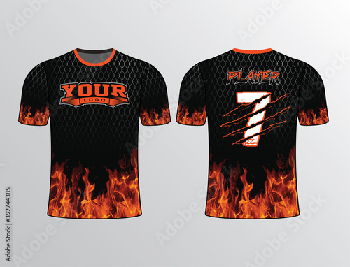 Black orange yellow colors wrap around with flames effect at the bottom and metallic pattern around the shoulder perfect for all sports team gear