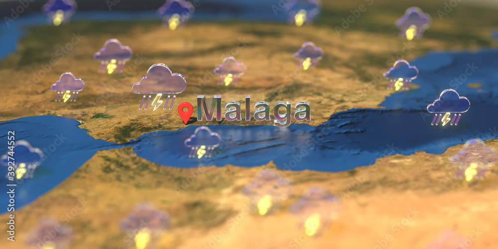 Stormy weather icons near Malaga city on the map, weather forecast related 3D rendering Stormy weather icons near Malaga city on the map, weather forecast related 3D rendering
