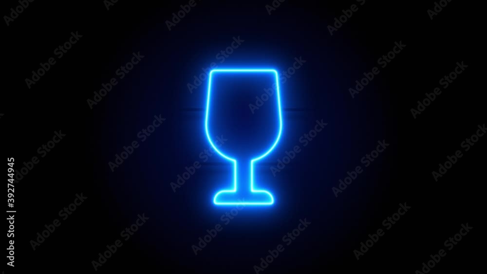 Wine Glass neon sign appear in center and disappear after some time. Animated blue neon icon on black background. Looped animation. Wine Glass neon sign appear in center and disappear after some time. Animated blue neon icon on black background. Looped animation.